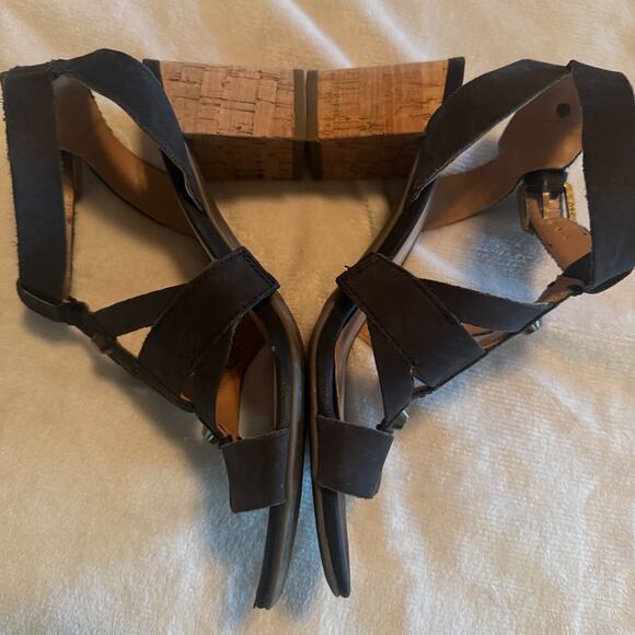 Franco Sarto black leather sandals cork heels sz 7 Paloma ankle strap shoes - Picture 4 of 7